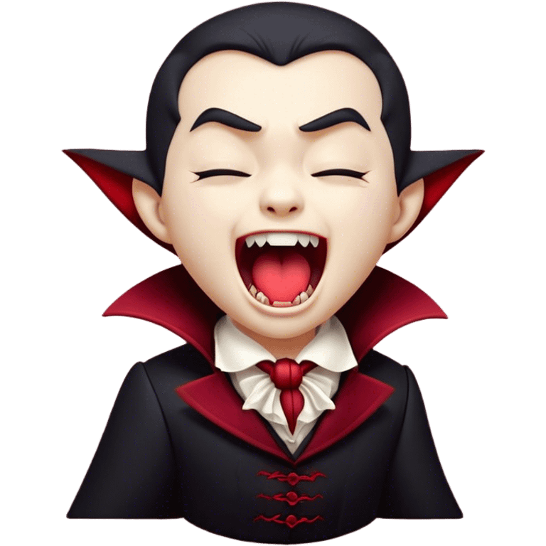 Cinematic Cute Yawning Vampire Portrait Emoji, with a small, rounded, charming pale face accented with tiny playful fangs and droopy, half-closed eyes, head tilted in an adorable wide yawn, dressed in miniature elegant dark attire with a hint of crimson, simplified yet irresistibly endearing, highly detailed with a soft, mysterious glow and gentle outline that captures the cute, drowsy side of an immortal! emoji