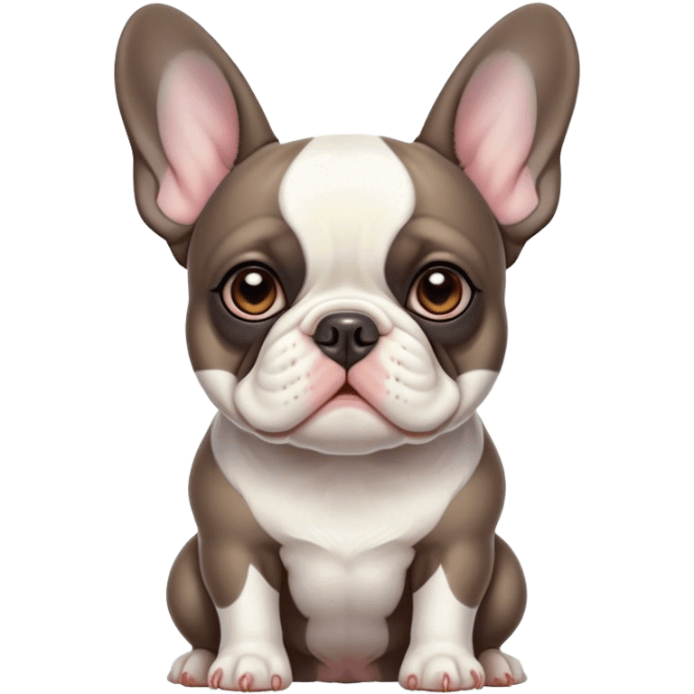 Cinematic Noble Pied French Bulldog Portrait Emoji, Radiating regal yet playful charm, with a distinctive pied fur of contrasting hues and a sculpted, expressive face featuring gentle, wise eyes and a confident stance, simplified yet artistically detailed, glowing with a soft, sophisticated radiance, high shine, exuding intelligent nobility and refined flair, soft glowing outline, capturing the essence of a noble Pied French Bulldog that embodies both strength and grace! emoji