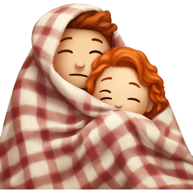 Boy with a moustache hugs a girl with red hair , under a blanket emoji