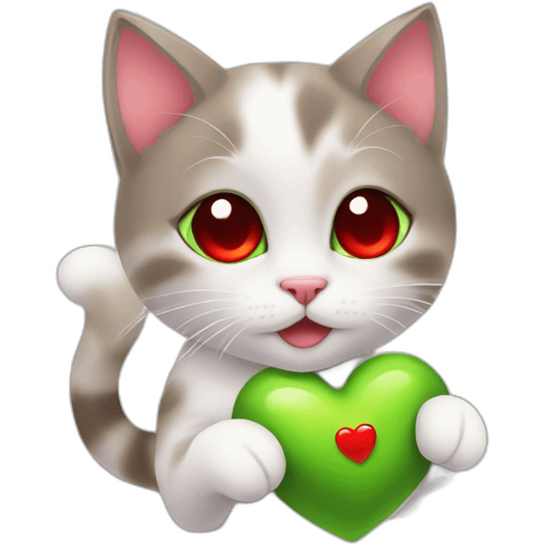 Super cute kitten with green anime eyes holding red hearts emoji