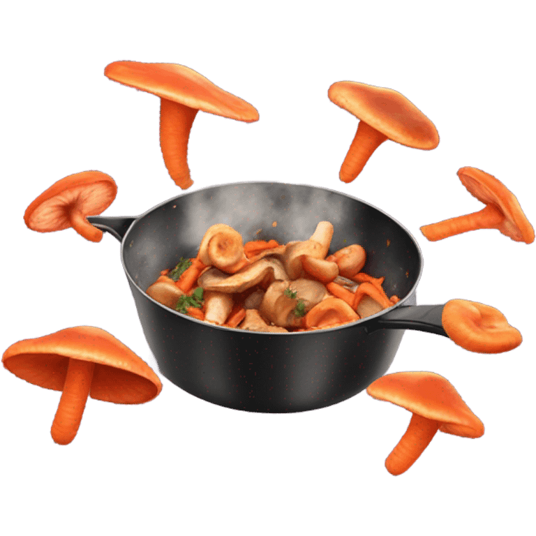 mushroom, carrots steak pieces   in pan in air, tossed in the air  emoji