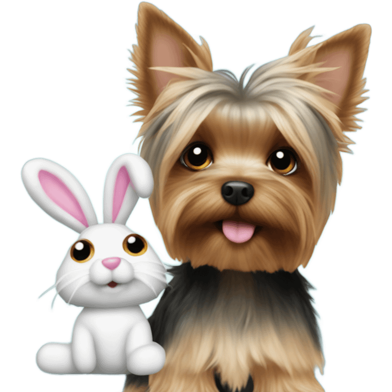 Yorkie with a stuffed animal bunny emoji