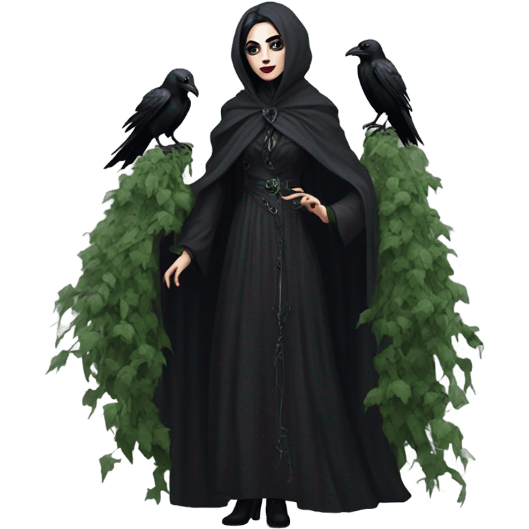 the morrigan goth woman version vines style furr robe stylish boots, perfect eyes, raven on hand, green vines decor on ground emoji