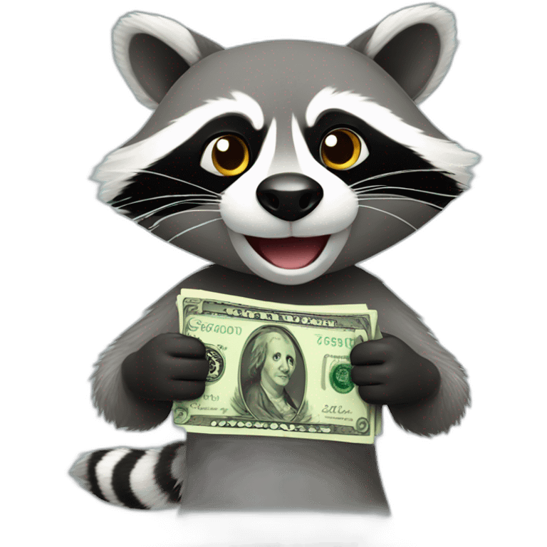 silly racoon with money in hands emoji