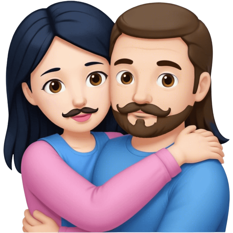 Tall white man with brown mustache goatee wearing blue hugging a chubby short pale woman with long black hair wearing pink emoji