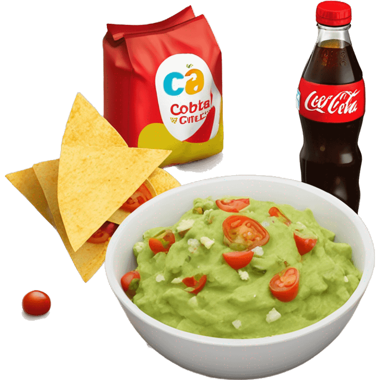 Bowl with guacamole with tomatoes and feta cheese and pepper flakes , a bag of tortilla chips  and a coca cola 1,5 bottle  emoji