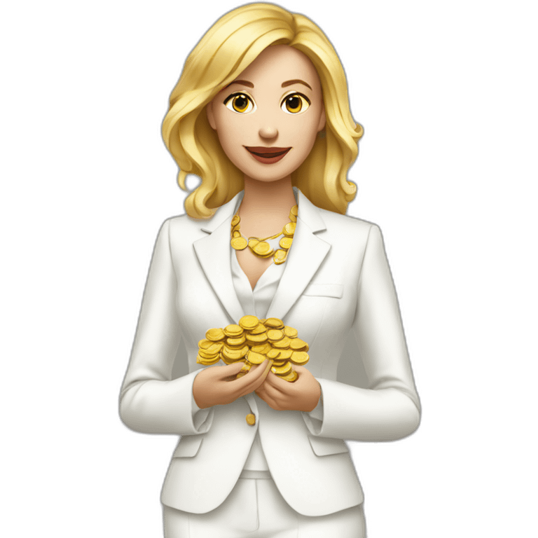 Posh-woman-with-white-suit-holding-golden-coins emoji