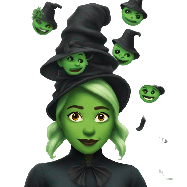 cynthia erivo, as elphaba with green skin and a witch hat emoji