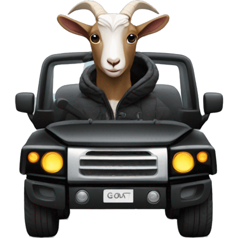 Goat in black puffy jacket driving hummer ev emoji