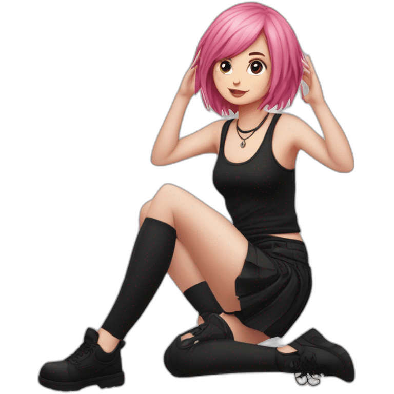 Full body Front view curvy emo girl pink hair sits on the floor straight view hands up black skirt полосатые рваные чулки emoji