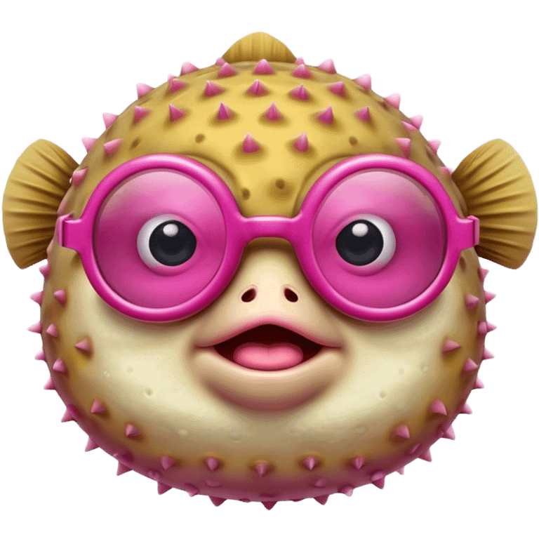 make a pufferfish with dark pink glasses that is fat doing a frown smerk emoji