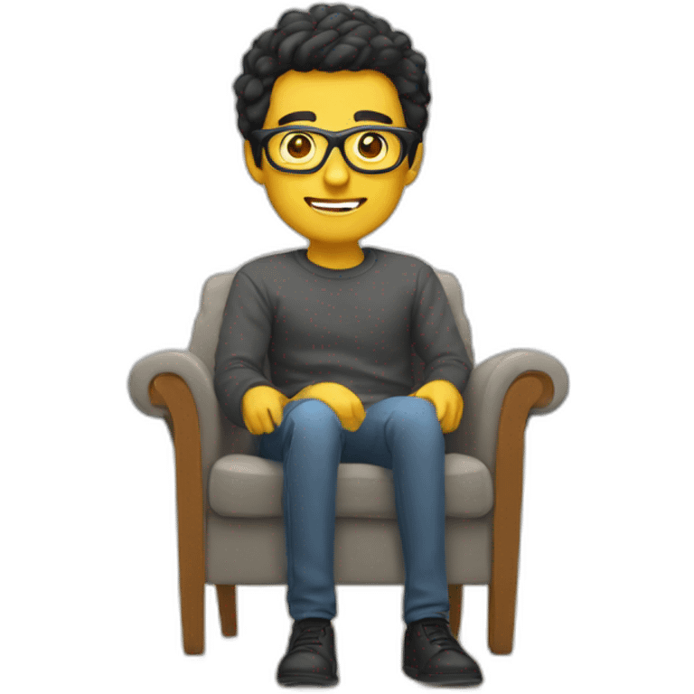 White man with yellow tinted glasses and black hair in a gray jumper and sitting on a chair emoji