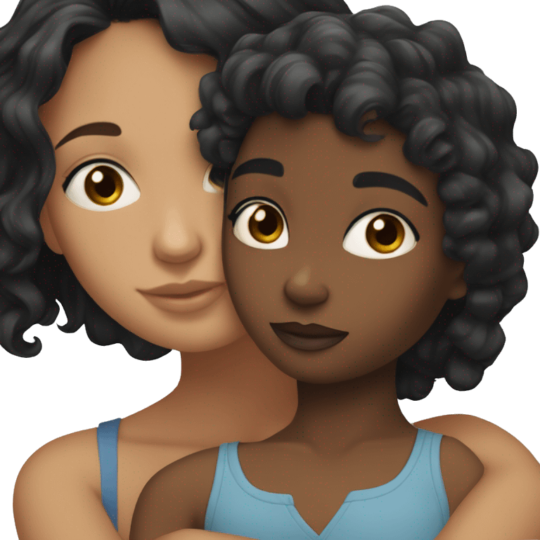 A black girl with blue eyes and black hair hugging a girl with tan skin and black wavy hair emoji