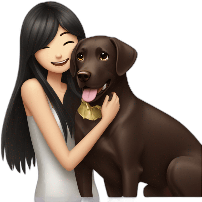 Chocolate labrador playing with long black haired fringe woman emoji