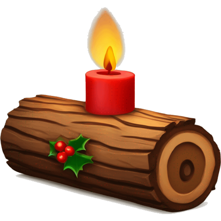 Wooden yule log with red candle in the centre and holly either side  emoji