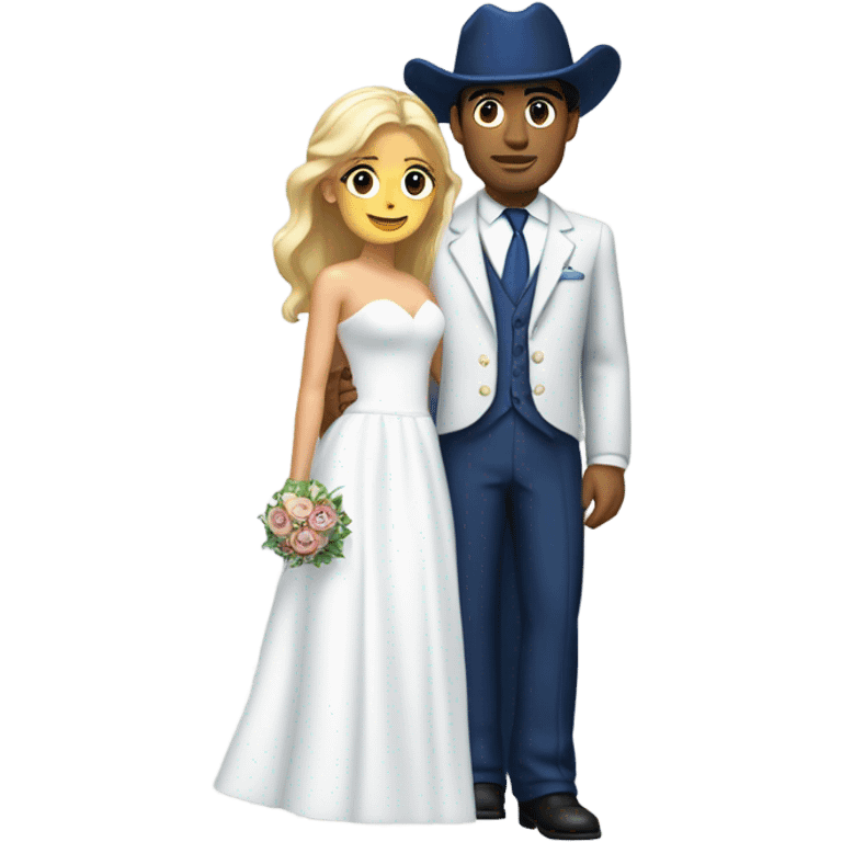 Puerto rican beard short hair with blue hat and navy blue suit getting Married with blond long hair girl with white  wedding dress  emoji