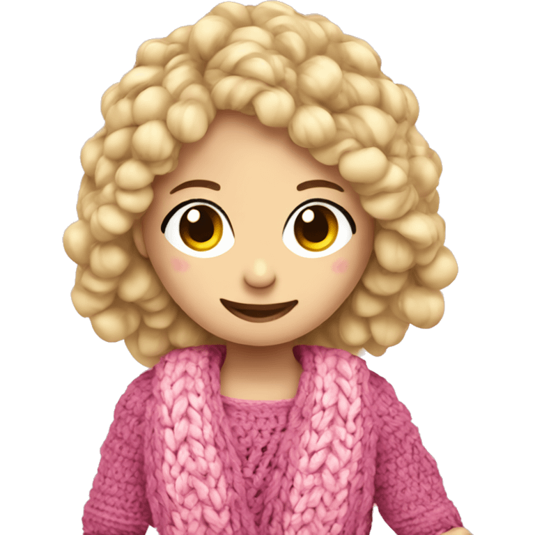 Blonde girl crocheting with yarn pink balls emoji