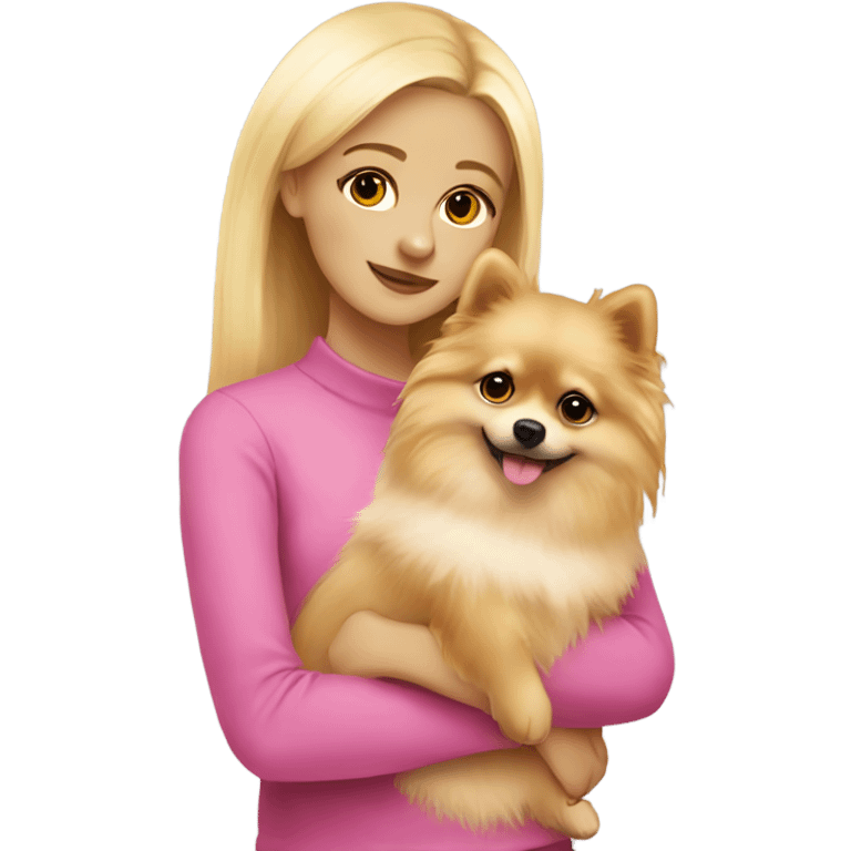 Blonde girl wearing pink hugging pomeranian emoji