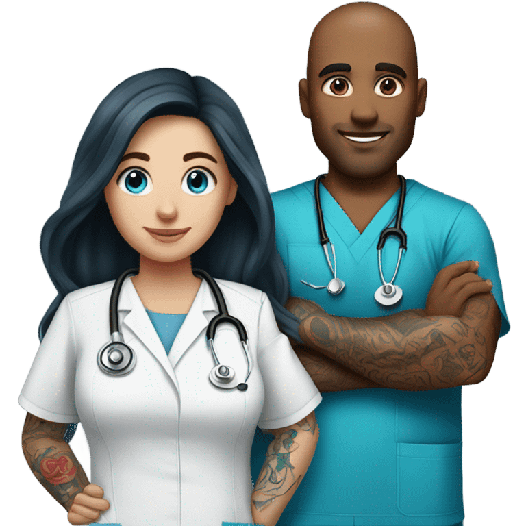 Tattooed guy with brown hair and blue eyed girl with long dark hair who is a nurse emoji