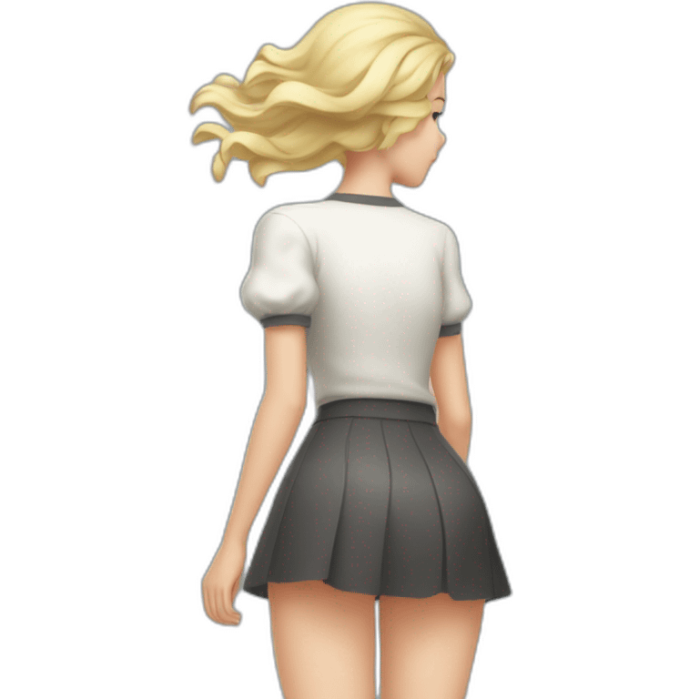 full body back view curvy caucasian beauty in small skirt lifted by the wind butt white socks emoji