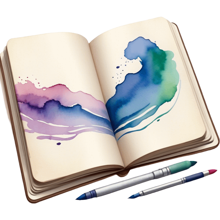 Cinematic Realistic image of an open sketchbook accompanied by a set of translucent watercolors, with delicate pigment stains and soft, flowing brushstrokes, captured under gentle, diffused lighting that highlights creative fluidity emoji