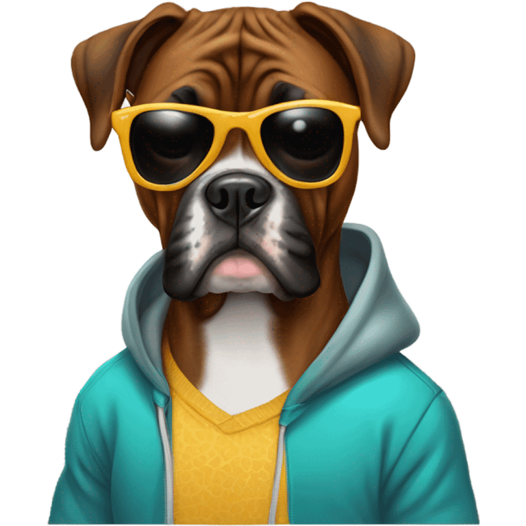 Brindle boxer dog in sunglasses and hoodie emoji