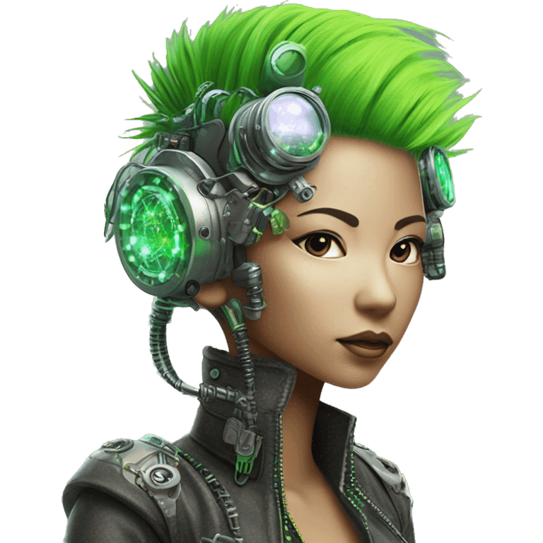 Neon green Mohawk hair Asian female cyborg head with silver steampunk goggles and circuits emoji