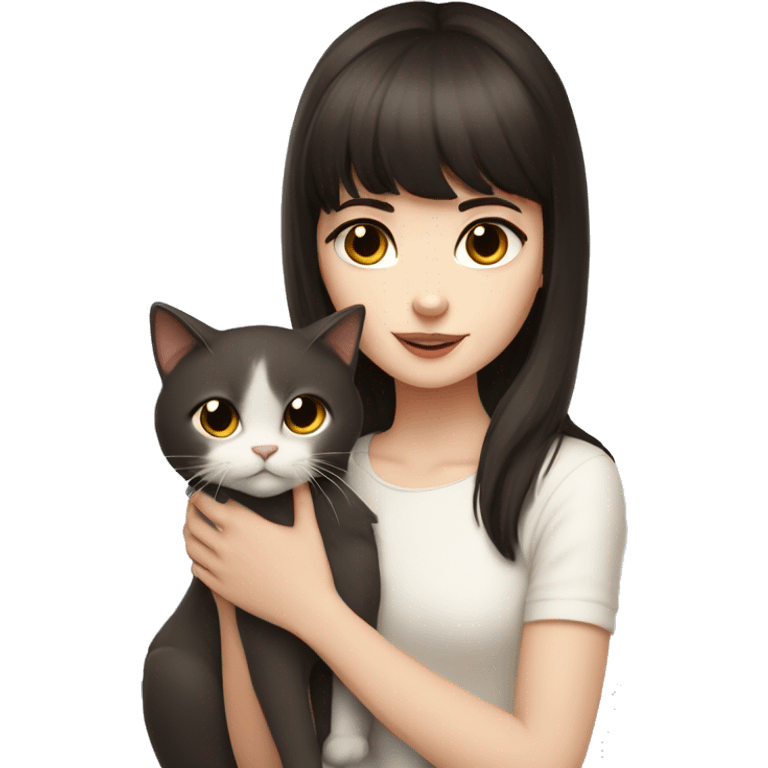 A pale girl with dark brown hair and dark brown eyes and bangs holds a white cat in her hands and looks at cat emoji