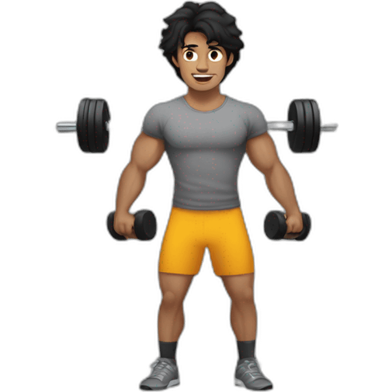 a man with grey tshirt with gym weights, black hair, medium long messy hair emoji