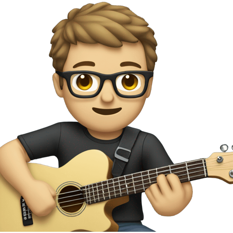 A nerdy white guy with glasses with short brown hair with a small whiff playing a telescaster emoji