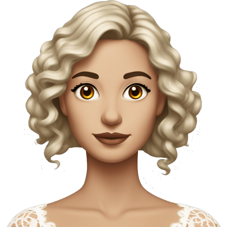 hyper realism Adult woman with brown eyes, light tanned skin, long wavy dark brown hair, wearing a white lace dress, thin eyebrows emoji