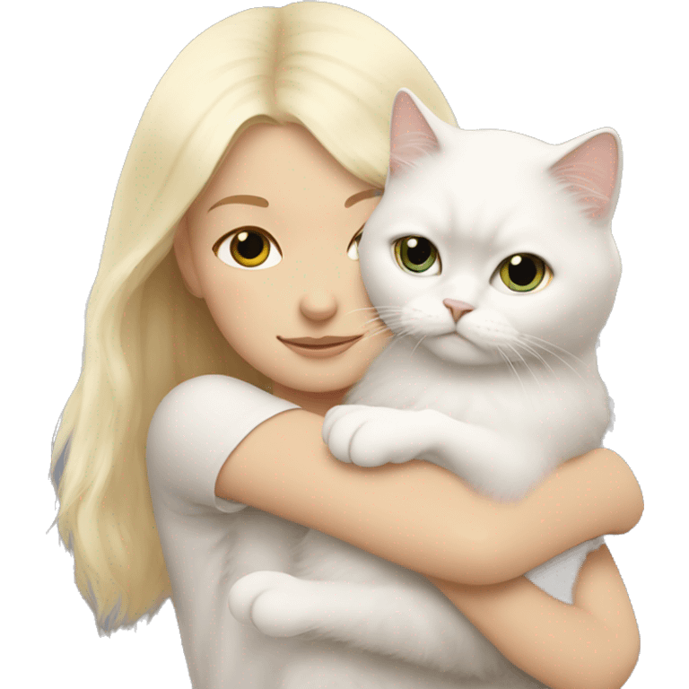 Blonde girl snuggling white Persian cat emoji