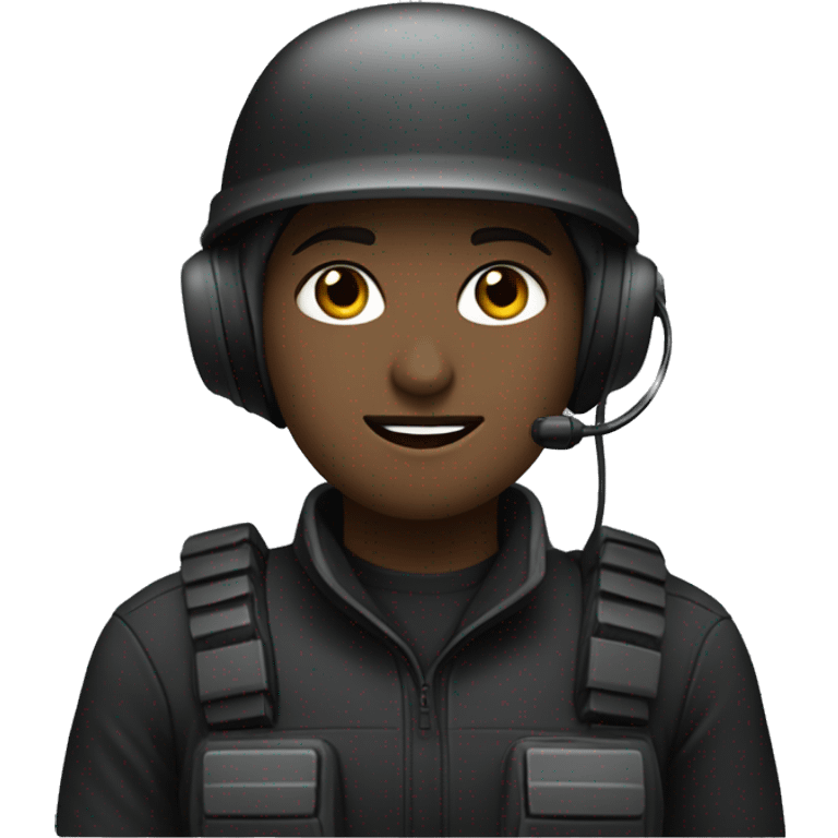 operator dressed in black with a milatary helmet, without glasses, wearing a headset, ready to respond to alerts, preferably female emoji