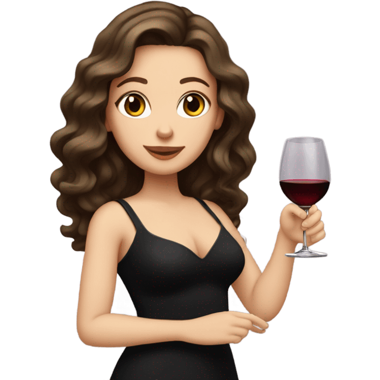 white girl with wavy brunette hair, holding a glass of wine while wearing a black dress emoji