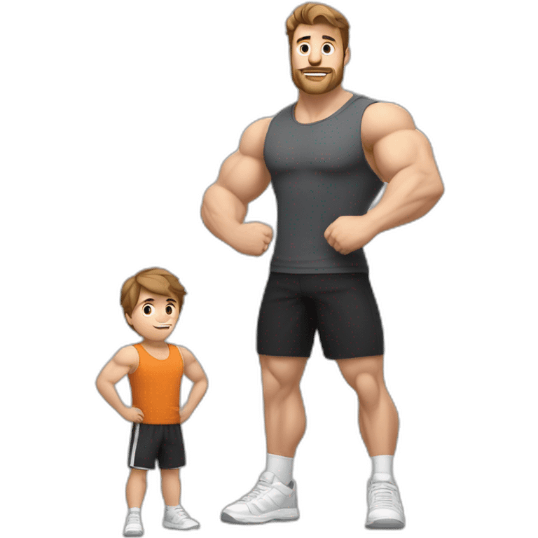 Full height Actively gesturing with hands Pale skinned Fit Man With the biceps and brown hair in dark gray Sleeveless Mike, black oversize sports shorts, watch and white Sneakers emoji