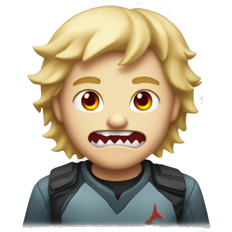 a boy with blond hair, red eyes and shark teeth with an angry smile emoji