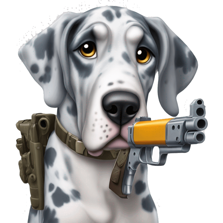 Blue Merle Great Dane with a gun emoji