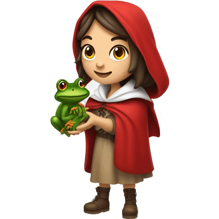 mature little red riding hood brunette with braids and hood on holding a frog in her hands emoji