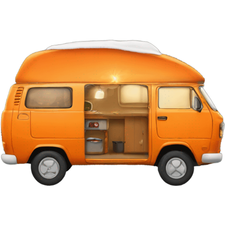 Orange camping van with Christmas lights emoji