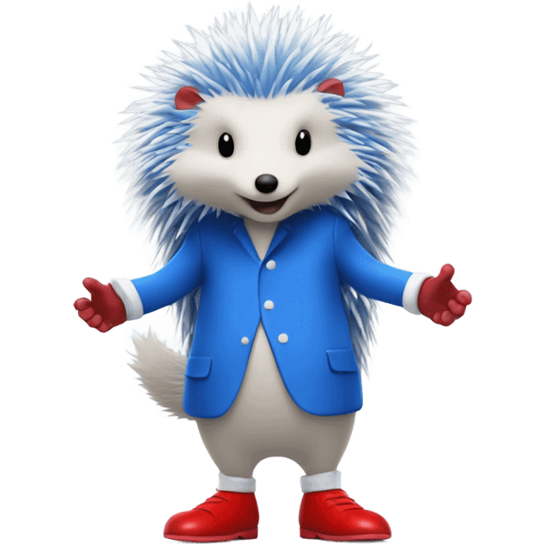 Tall blue hedgehog that stand on 2 let's and have got white gloves and big red shoes with a white line on them and he runs very fast emoji