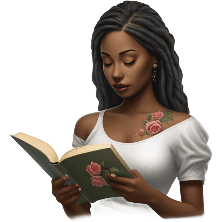 Hyper Realistic beautiful woman model with a small rose tattoo reading a book  emoji