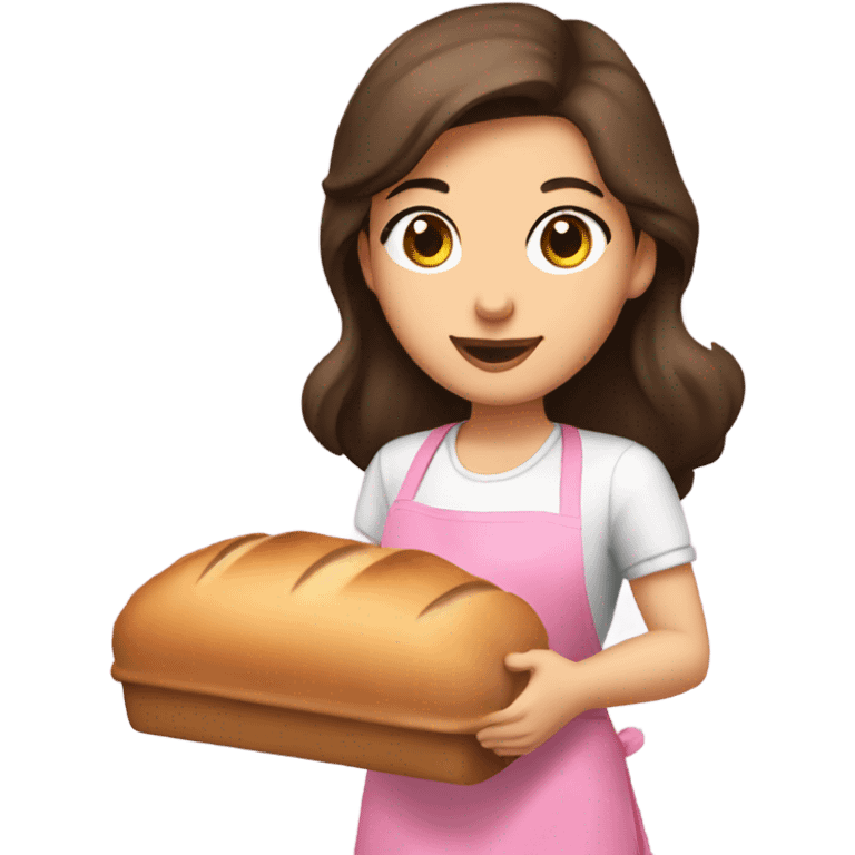 brunette girl with long and brown eyes and big lips baking bread in a pink apron holding a bread pan emoji