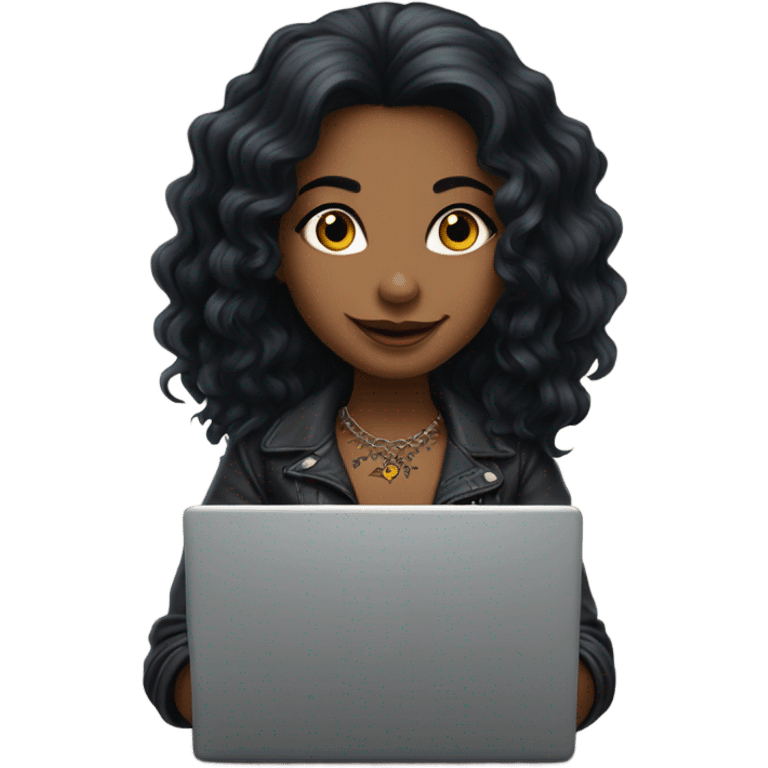 beautiful girl with tattoos, with long black hair, wavy hair, with big laptop emoji