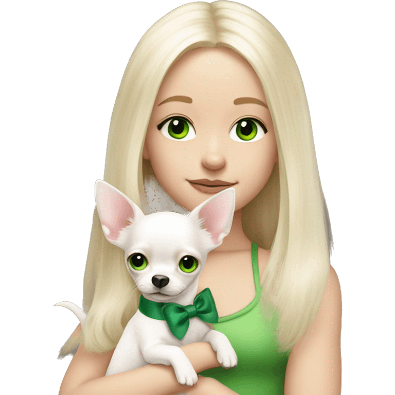 pale blond girl with long platinum hair with green eyes holding a white chihuahua puppy that wearing a pink bow emoji