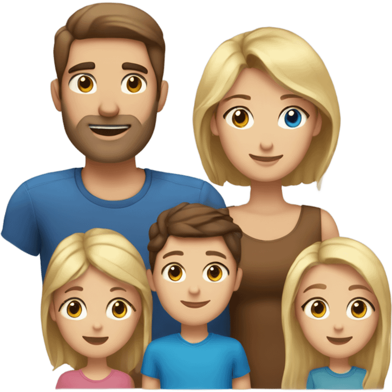 family; dad with light brown hair and blue eyes, mom with dark brown hair and gold eyes, son with dark brown hair and blue eyes, daughter with blonde hair and gold emoji