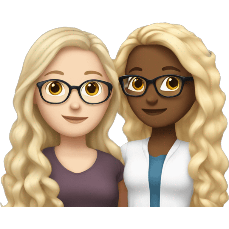 A a short white girl with long curl brown hair, hugging a tall white girl with blonde straight hair and clear glasses  emoji