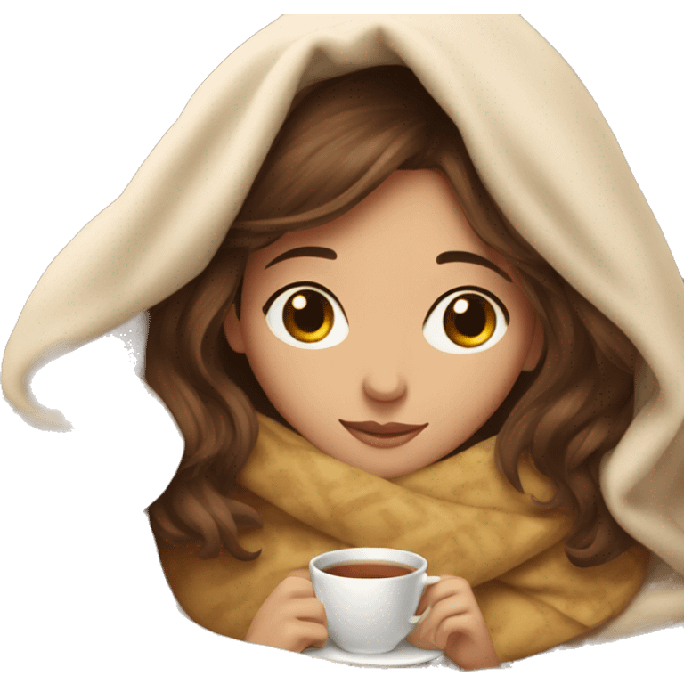 Girl with brown hair cozy in her blanket with tea emoji