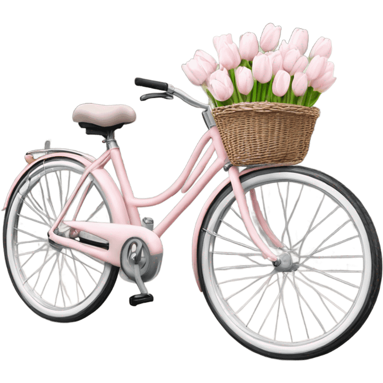 realistic light pink bicycle with basket of white tulips at front emoji