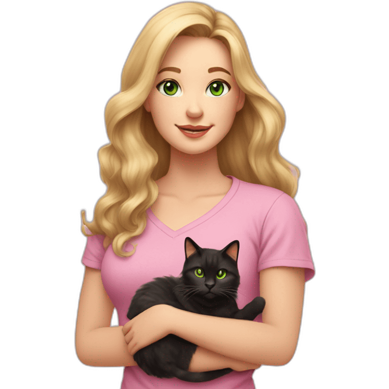 woman with green eyes and long wavy blonde hair in a pink shirt is holding a very fluffy and fat black and tortoiseshell cat emoji