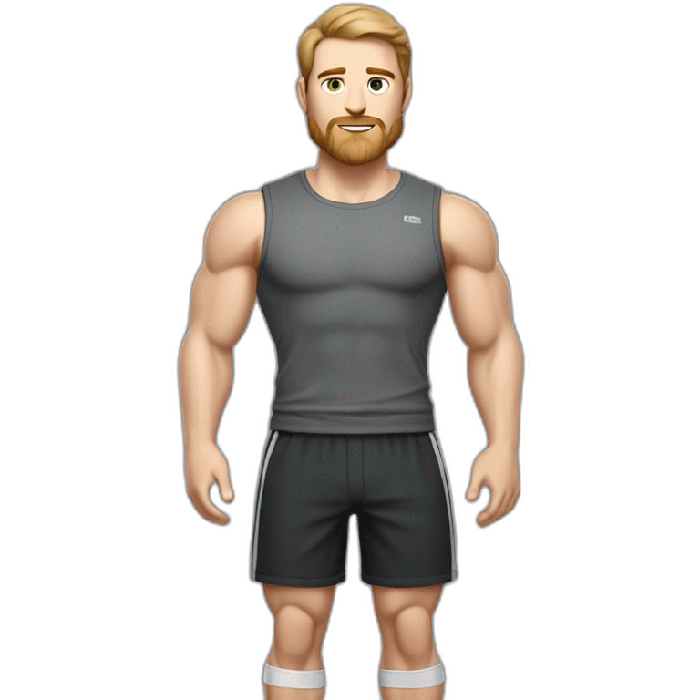 Full height Pale skinned muscular man With Realistic eyes and mouth, light brown hair and stubble In dark gray sleeveless mike, black oversize sports shorts, watch and white sneakers. emoji